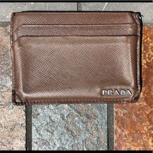 Authentic Prada saffiano brown leather card case